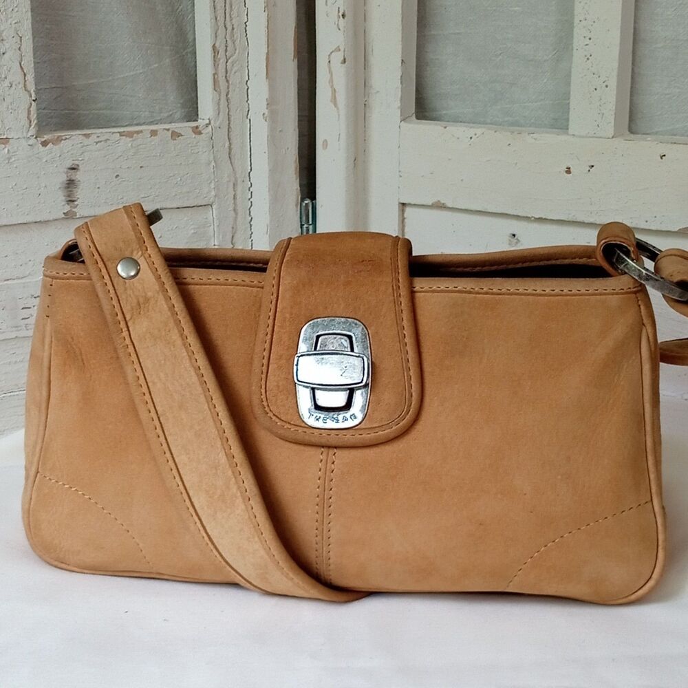 Y2K Vintage The Sak Charlie Leather Flap Shoulder Bag Tan Turn Lock Boho 3 Compa